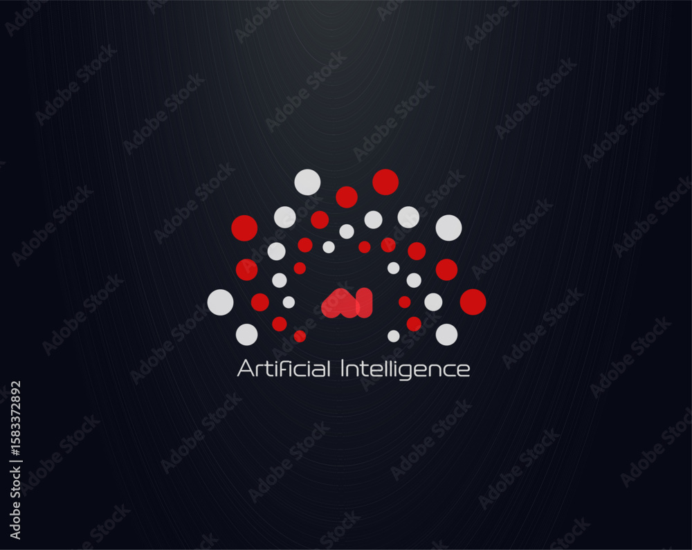 Poster artificial intelligence logo with red and white neural dots forming brain pattern on dark background