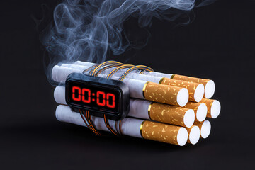 A symbolic representation of the dangers of smoking, featuring cigarettes with a countdown timer and smoke.