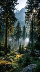 Naklejka premium A serene morning in a lush green coniferous forest with mist and sunlight