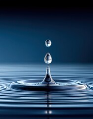 A stunning close-up of a water droplet creating ripples in a serene blue background.