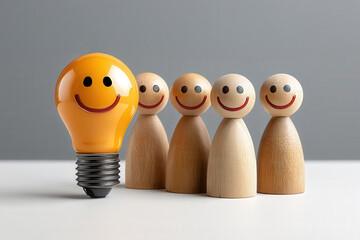 An innovative light bulb with a smiling face symbolizes creativity and teamwork among wooden figurines.