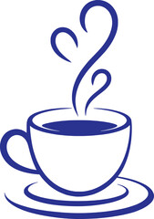 Steaming blue coffee cup with saucer and abstract swirls vector