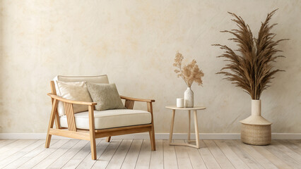 Fototapeta premium Elegant living area showcases a modern armchair, decorative vases, and cozy ambiance for a relaxing interior space.