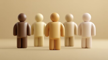 Diverse wooden figures stand together symbolizing unity, community, and inclusivity in a simple, minimalist setting.