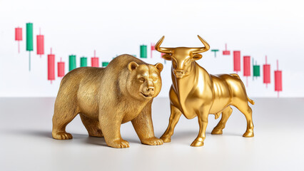 Golden bull and bear figurines symbolize market trends, investment strategies, and financial success in trading.