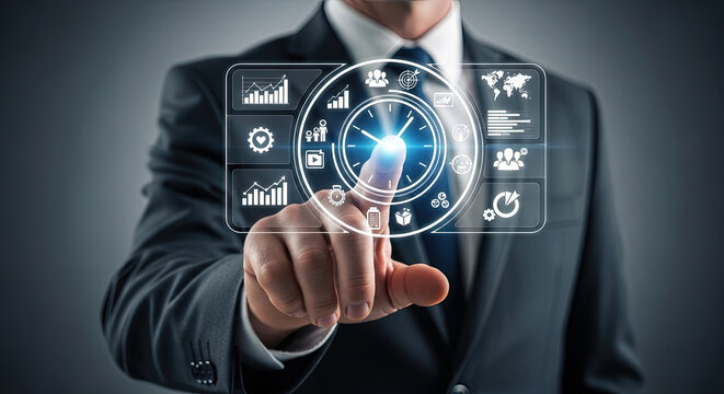 Businessman using futuristic interface, touching digital screen with business icons. Time management, efficiency, technology and strategy concept.