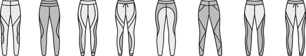 Women's leggings activewear fashion flat sketch set, CAD vector template for technical sportswear design and apparel manufacturing illustration