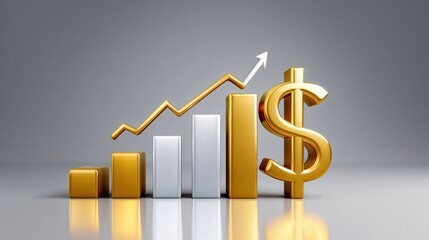 Stylish gold and silver graph illustrating financial growth with a dollar symbol in focus.