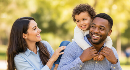 Fototapeta premium Couple giving two young children piggyback rides smiling