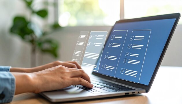 Filling out digital form on laptop illustrates efficiency and online data input and data management