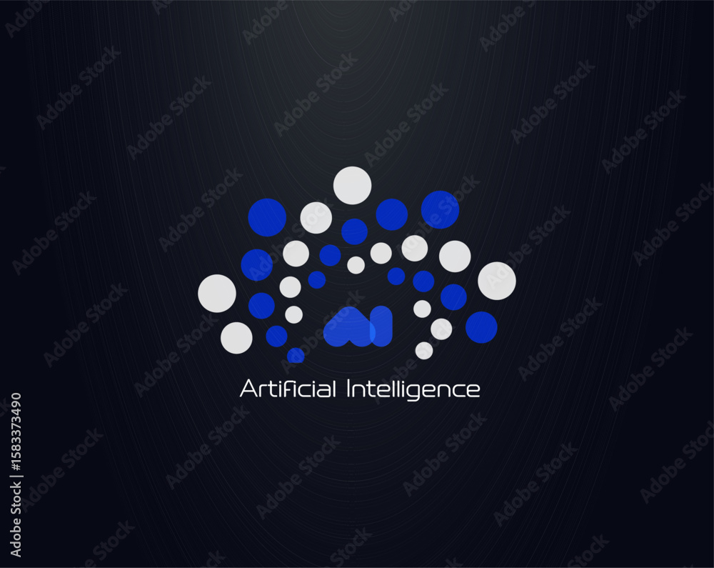 Poster artificial intelligence logo with blue and white neural network dots forming abstract brain on dark 