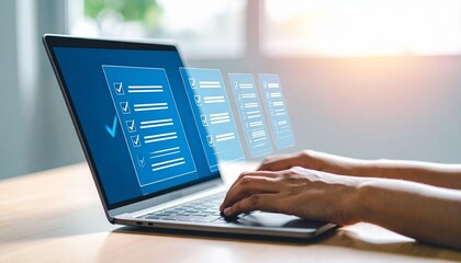 Person completes online survey on laptop demonstrating digital business operations and efficient data collection.