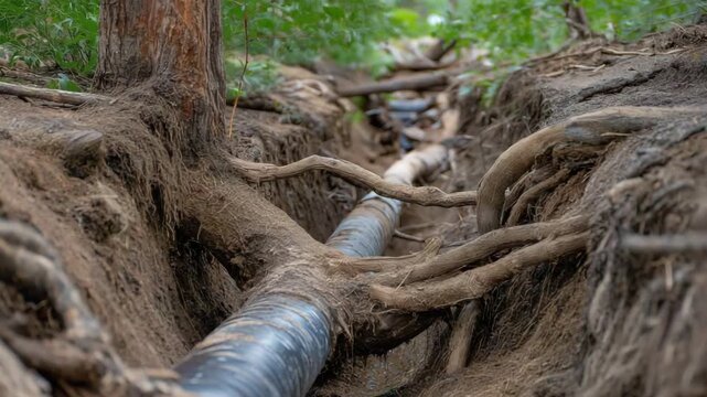 Black pipe is buried in the ground and covered in roots. The roots are growing in all directions. oil pipeline twisting around plant roots, conflict of progress and nature, emerging oil markets