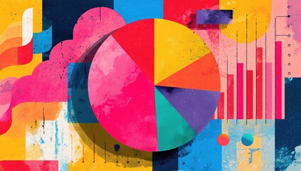 Colorful pie chart amidst abstract shapes