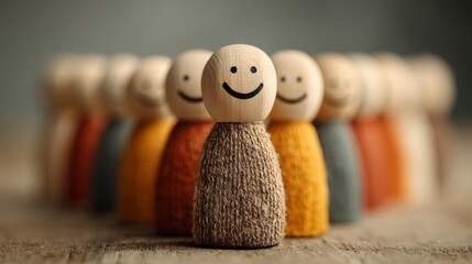A wooden figure with a smile stands out among a lineup of similar figures