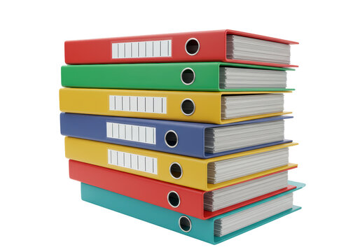 Isolated Stack of Colorful Ring Binders with Documents