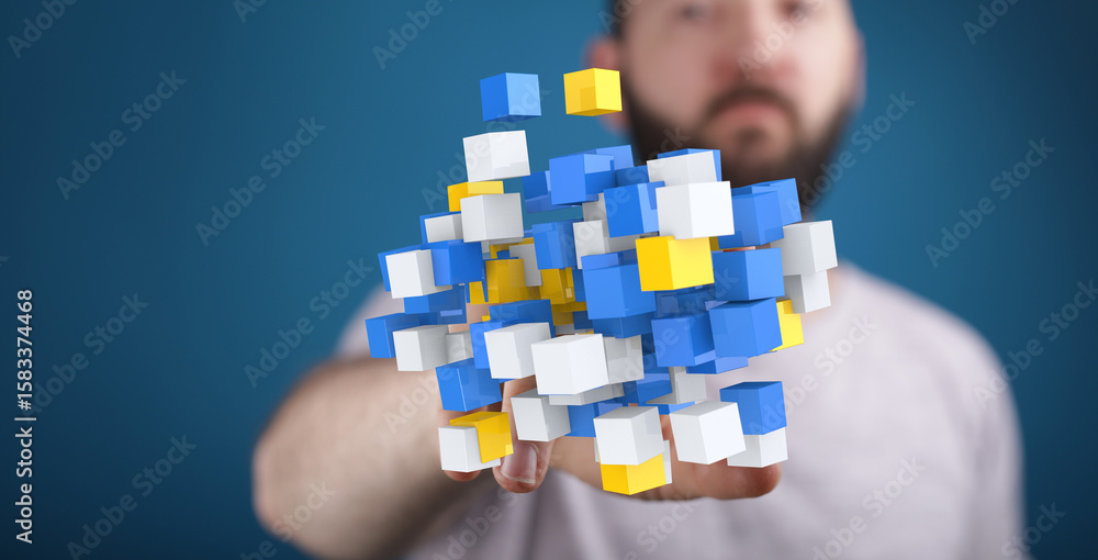 Poster abstract image of a man interacting with floating 3d cubes, representing data, technology, and innov