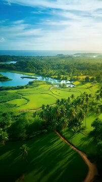 Lush Tropical Landscape with Rice Fields, Palms, and Lakes at Sunrise