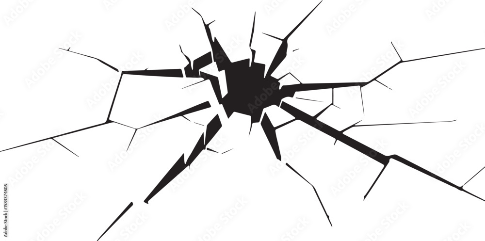 Poster abstract black crack pattern with sharp edges and radiating lines on a transparent background isolat