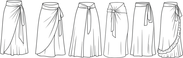 Six women’s wrap skirts fashion flat sketch, tied waistband details, technical CAD vector illustration for clothing design and garment templatesSix women’s wrap skirts fashion flat sketch