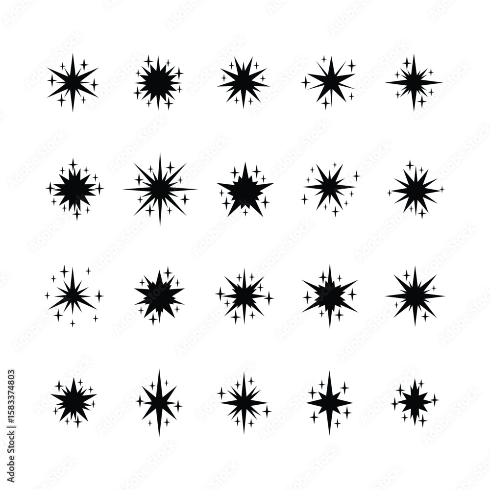Wall mural black sparkle and star icon set minimalist decorative elements in various shapes for highlights ui a