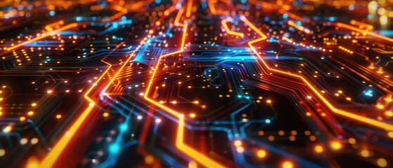 Naklejka premium Glow light shine Circuit Board tracing the pathways, showcasing the complexity and beauty of electronic systems futuristic.