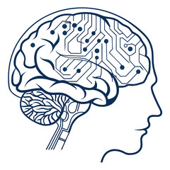Illustration of a brain with circuit patterns on a white background