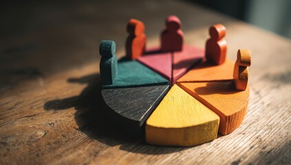Colorful wooden pie chart with small figures