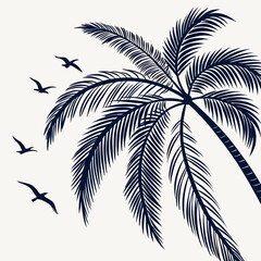 Vector art of a tropical palm tree with birds flying isolated on white background
