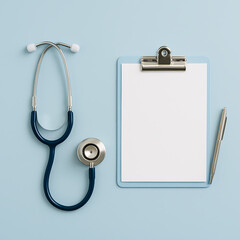 Medical stethoscope with blank clipboard mockup on blue background – healthcare concept
