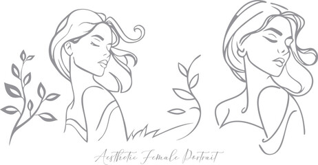 Aesthetic Female Portraits With Floral Accents Minimalist Beauty Icon Concept Continuous One Line Drawing Editable Stroke