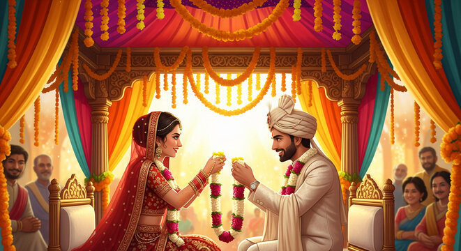 A vibrant Indian wedding scene with a bride and groom in traditional attire exchanging garlands under a decorated mandap
