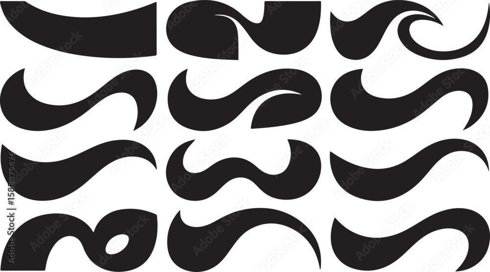 Aufkleber collection of abstract black curved shapes and swooshes isolated on transparent background for desig