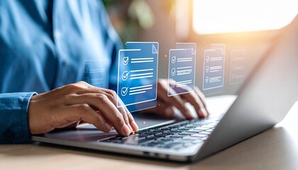 Person using laptop to complete online forms with a digital checklist for document management and digital transformation.
