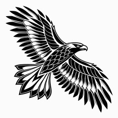 Vector art of an eagle in flight with outstretched wings in black and white design