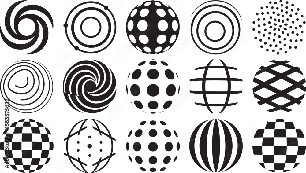 Poster collection of abstract spherical graphic design elements and patterns isolated on transparent backgr