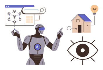 Futuristic AI robot interacting with data visualization, smart home system connected to energy solutions, and an eye symbolizing surveillance. Ideal for technology, innovation, AI, smart homes, data