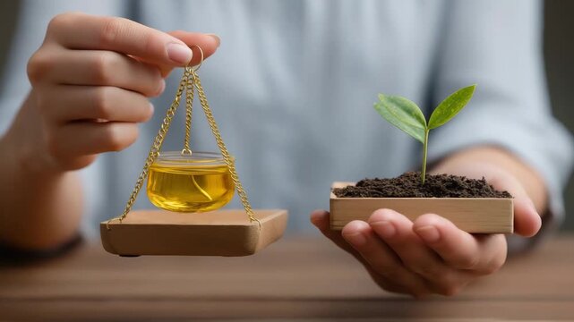 Person is holding a scale with a jar of oil on one side and a plant on the other. hands balancing scales: one with oil drop, one with seedling, emerging oil markets