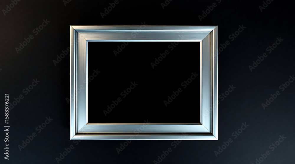 Poster a silver rectangular frame is centered on a dark textured wall background