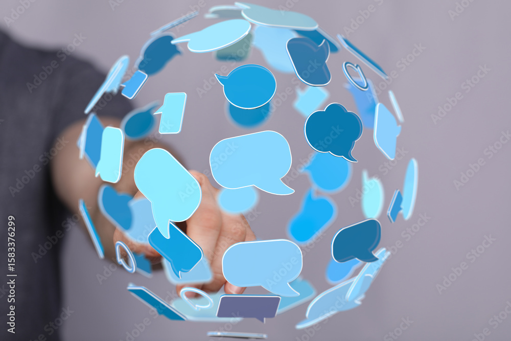 Poster abstract image of interconnected speech bubbles, representing global communication and social media.