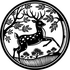 Vector art of a leaping deer surrounded by trees and branches in a circular design