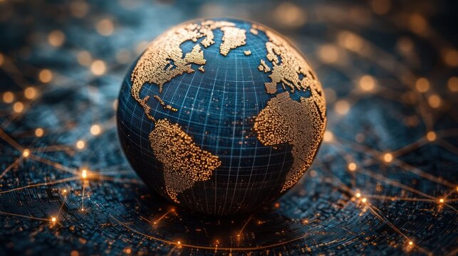 Golden world globe amidst glowing network