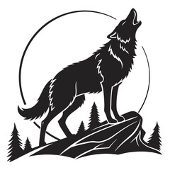 Vector art of a wolf howls at the moon in a serene forest landscape