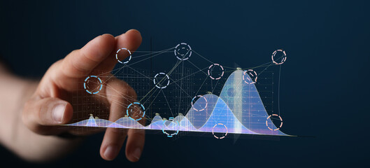 Abstract image of a hand interacting with a digital graph, visualizing data analysis and business...