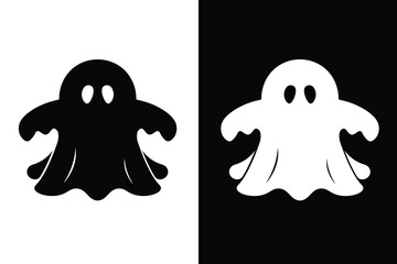 This cute cartoon-style vector illustration features a smiling ghost in both silhouette and outline versions. Perfect for Halloween or children's projects, this friendly design adds charm and fun.