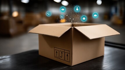 Shipping box surrounded by tracking icons and digital interface, modern parcel logistics technology concept