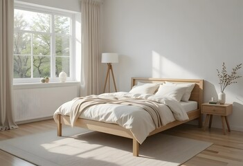 Neutral Bedroom Interior with Beige Bedding and Natural Light