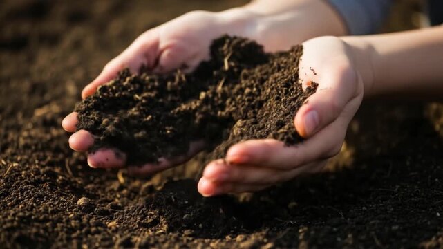 Hands gently releasing rich, dark soil, a symbol of growth and connection to the earth.