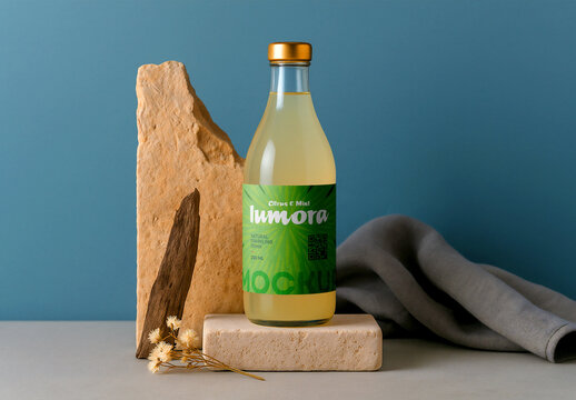 Glass Bottle Beverage Mockup with Green Label &ndash; Citrus Drink Branding Scene