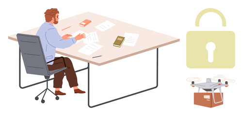 Man sitting at desk managing documents with books and papers, drone carrying box, and lock representing secure delivery. Ideal for privacy, logistics, remote work, technology, delivery, office